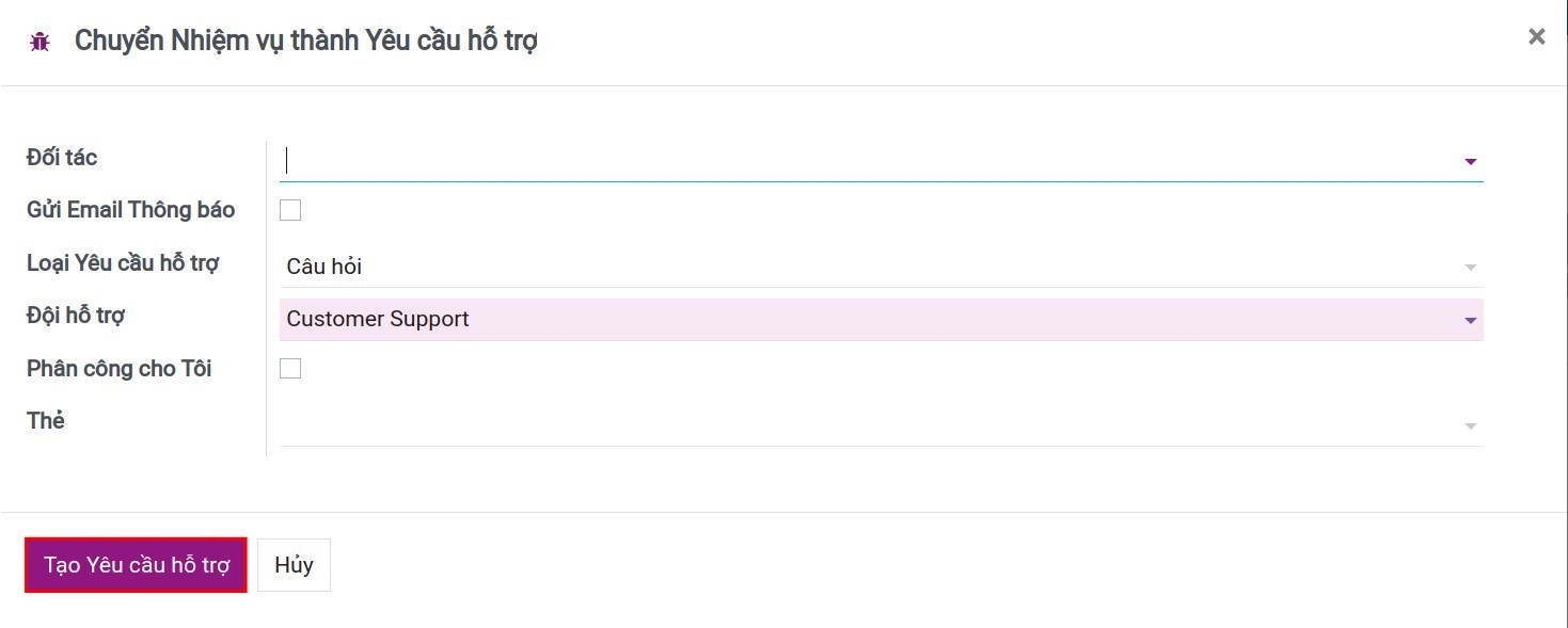 Chọn tiêu chí tạo yêu cầu