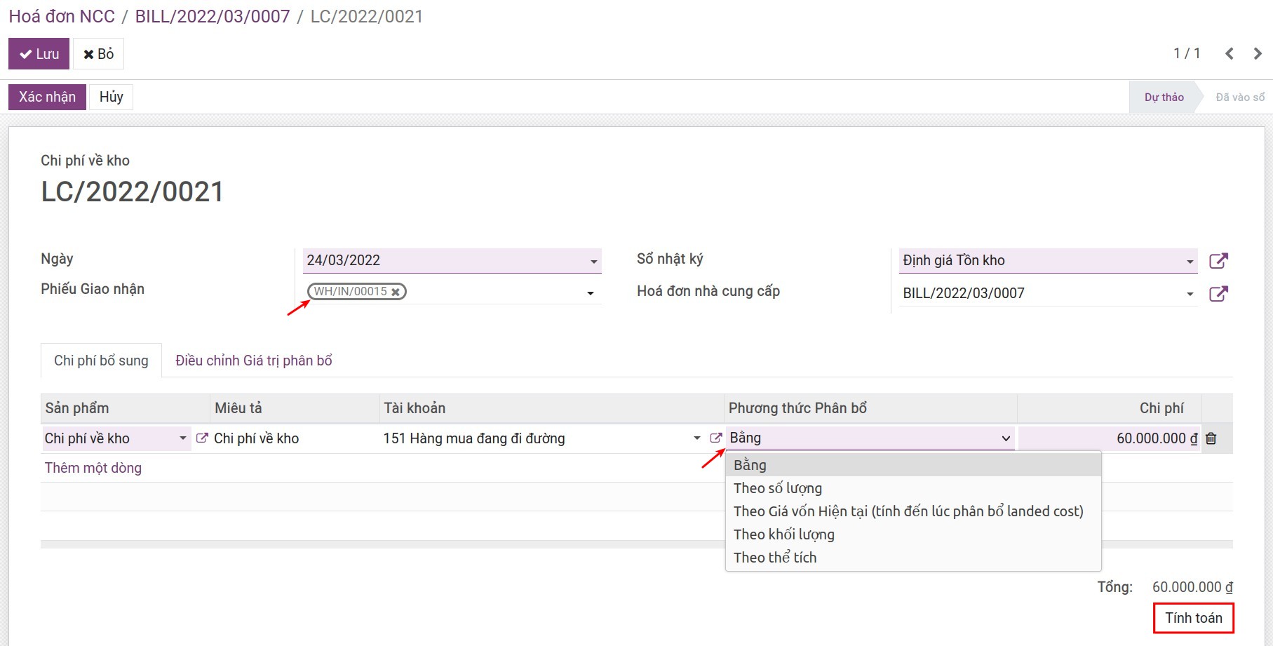 Phân bổ chi phí về kho - Viindoo Accounting