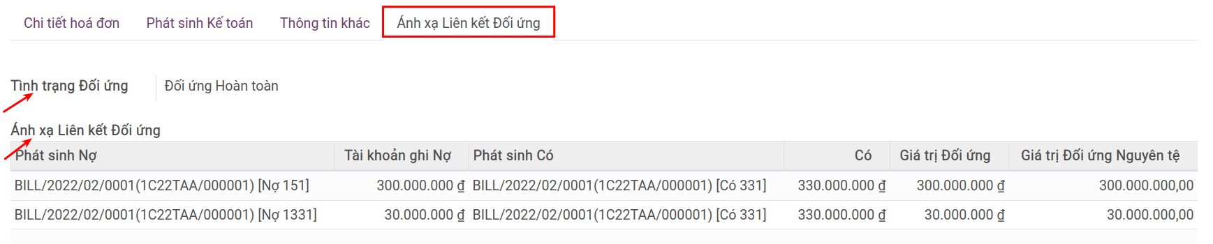 Ánh xạ liên kết đối ứng - Viindoo accounting software