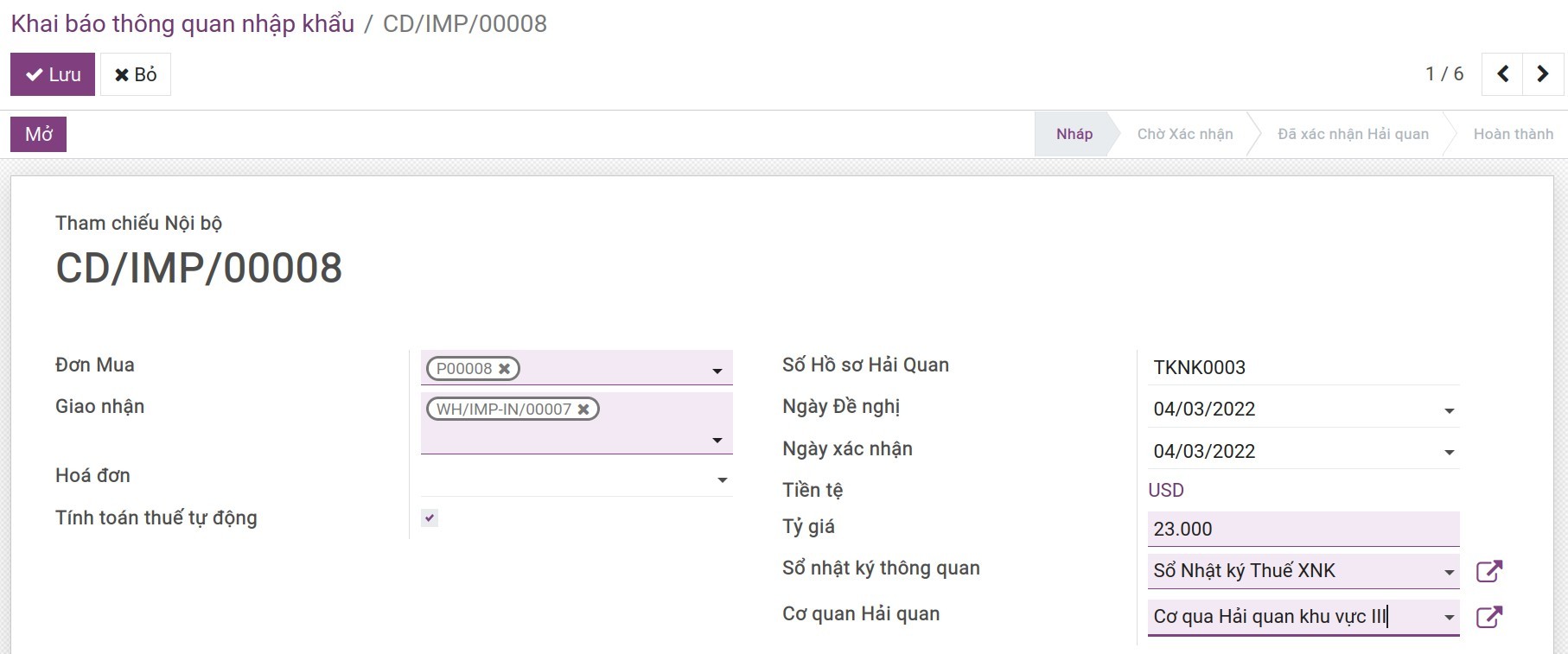Thông tin chung trên tờ khai - Quản lý xuất nhập khẩu Viindoo