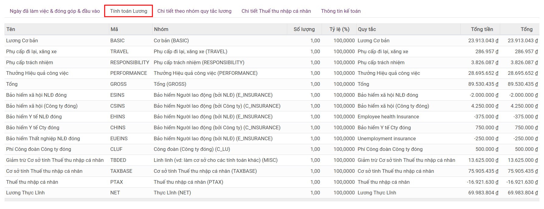 Tab thông tin tính toán lương phiếu lương Viindoo