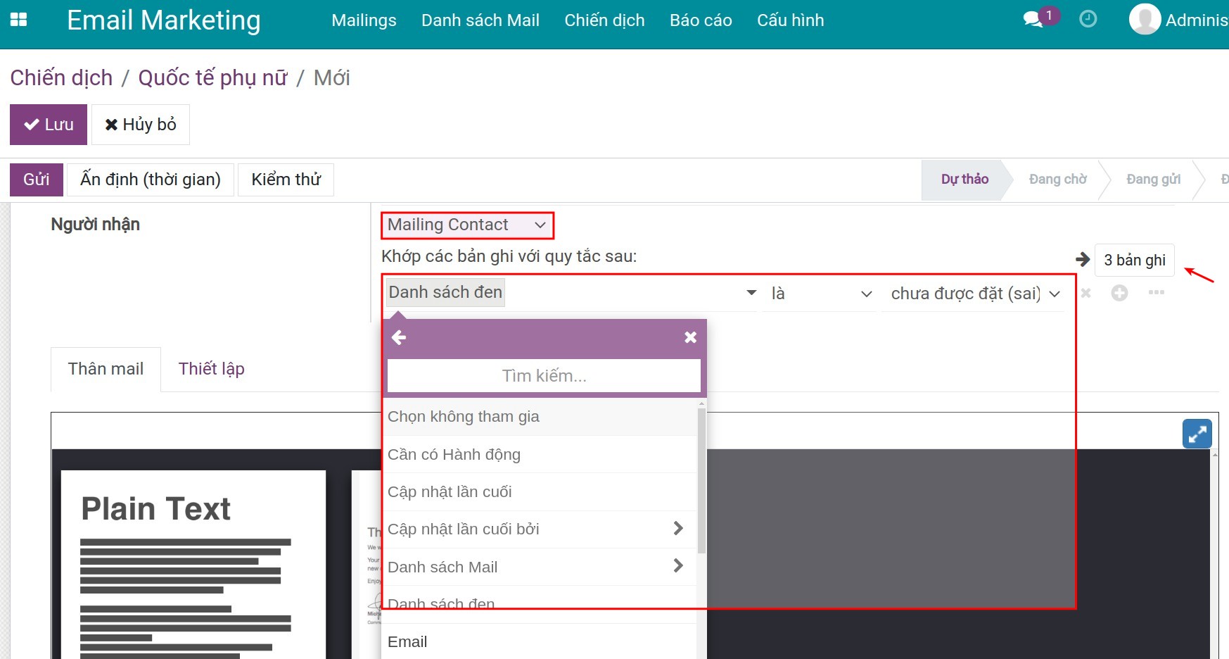 Điều kiện khớp cho loại mailing contact.