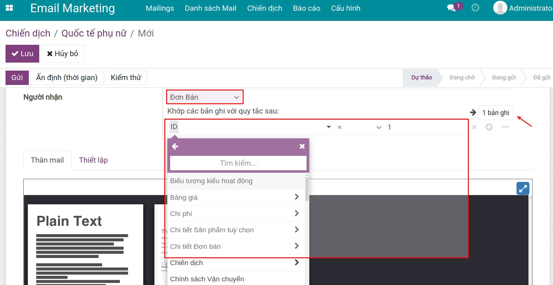 Điều kiện khớp cho loại đơn bán.