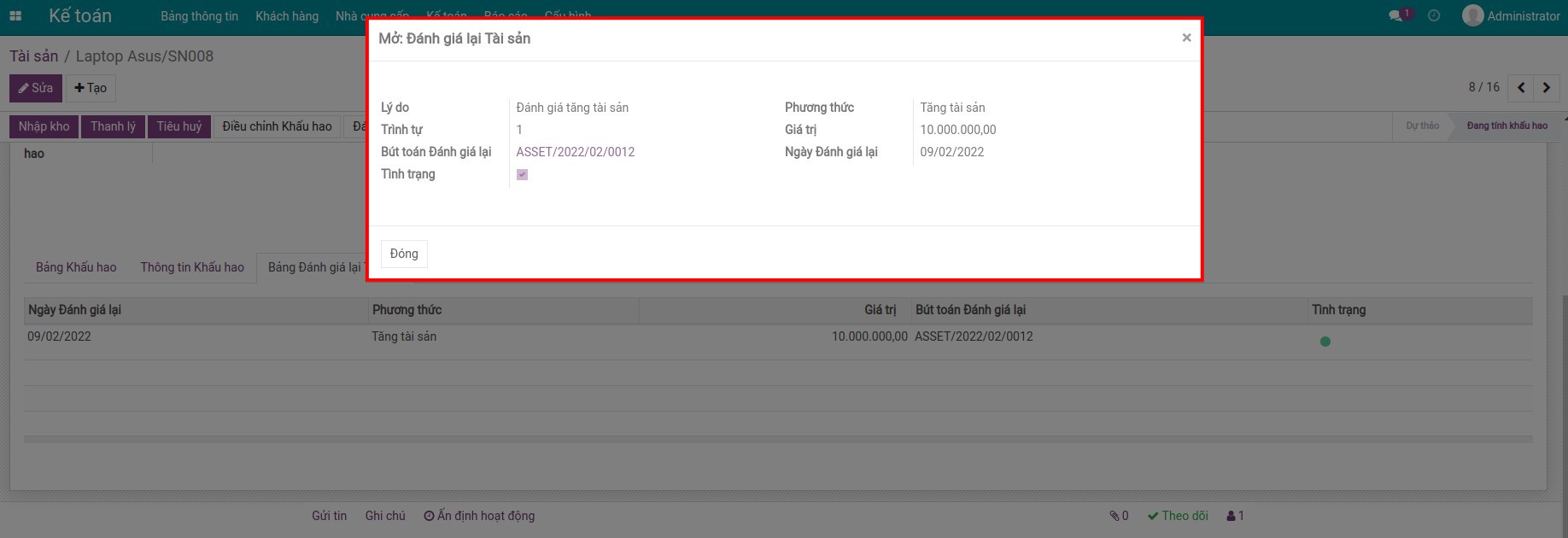Cửa sổ ghi lại thông tin và lý do đánh giá lại tài sản