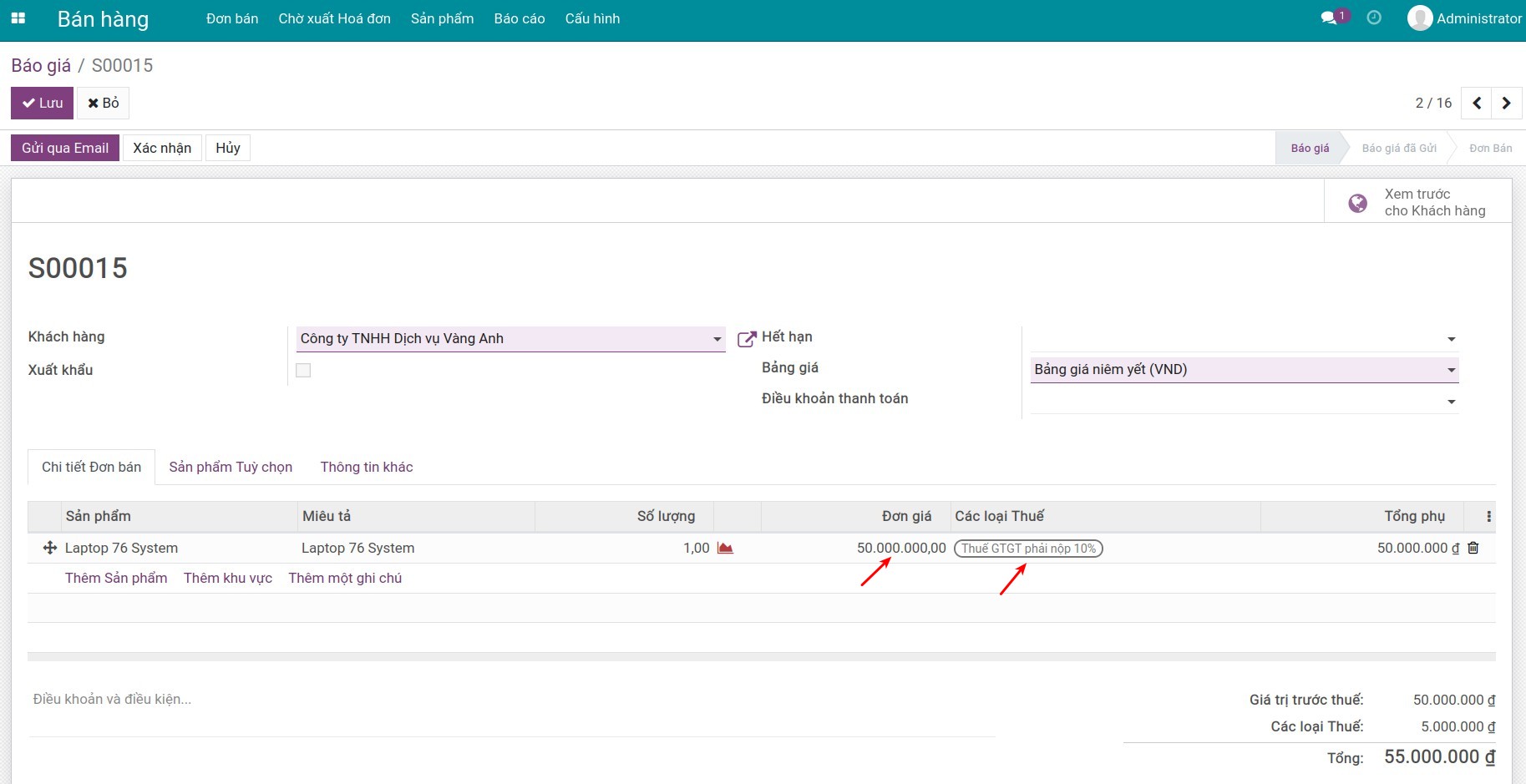 Đơn hàng có giá chưa bao gồm thuế - Viindoo Accounting