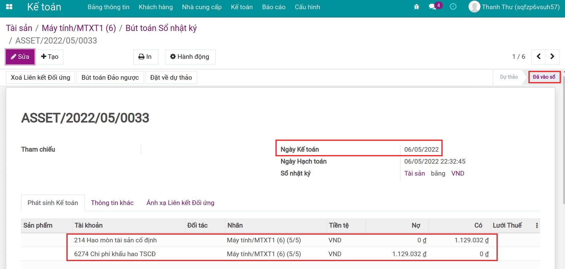 Bút toán điều chỉnh giá trị khấu hao Tài sản