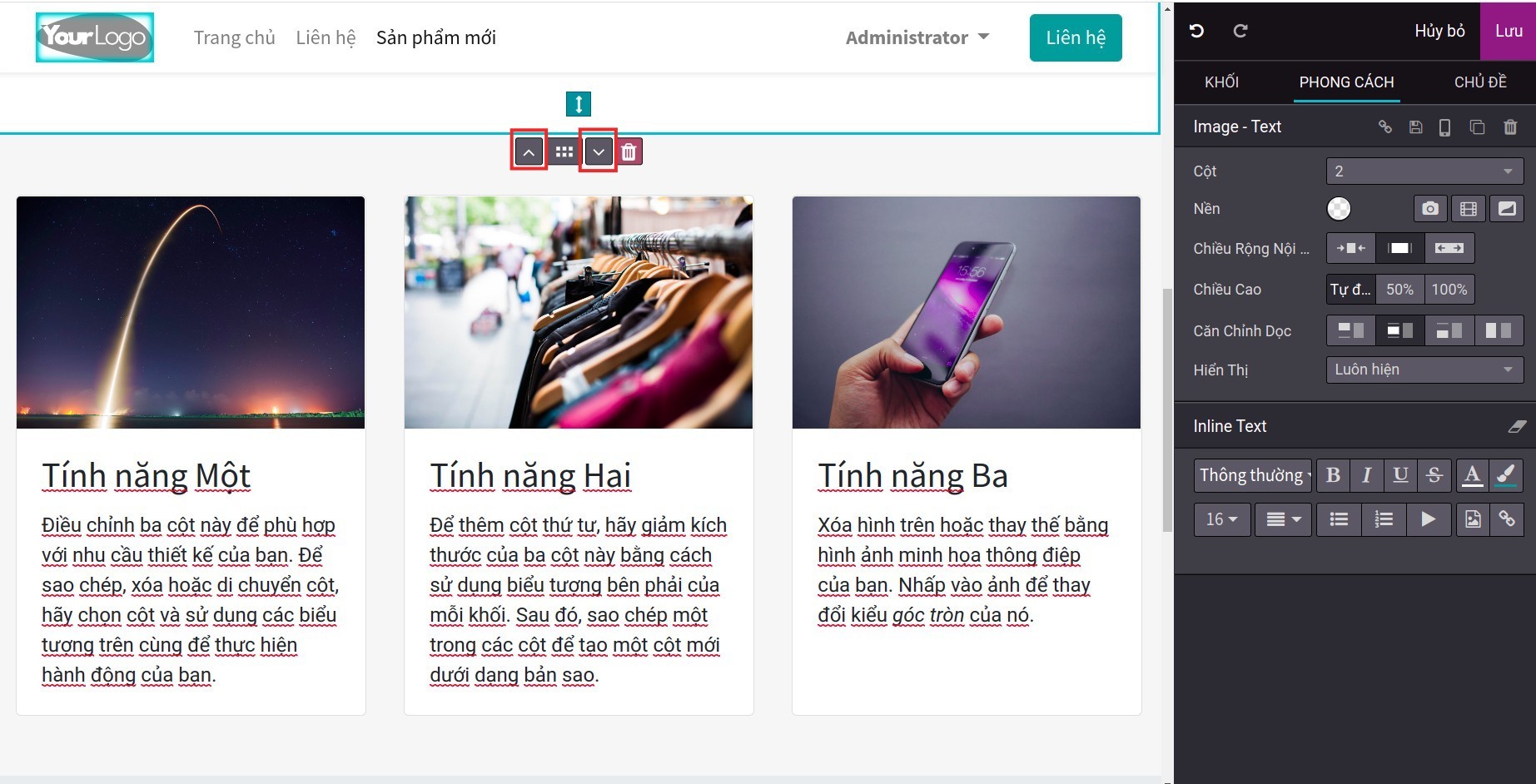 Di chuyển khối nội dung theo mũi tên