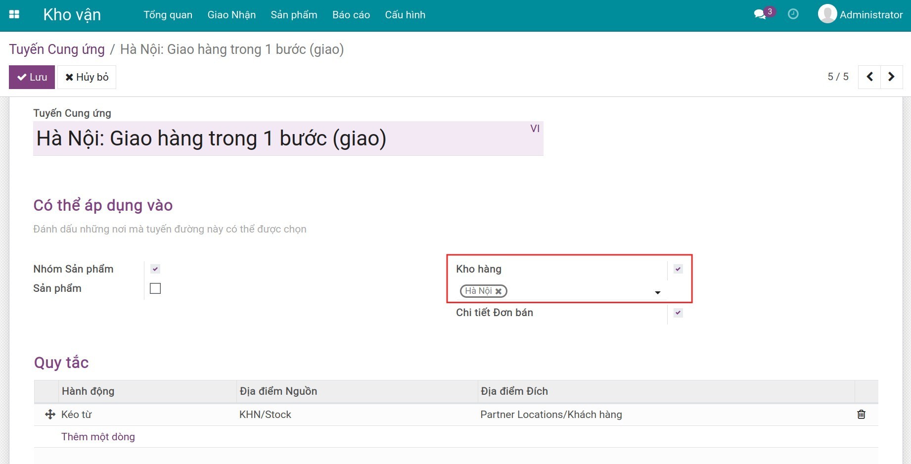cấu hình tuyến trên kho hàng Kho vận Viindoo