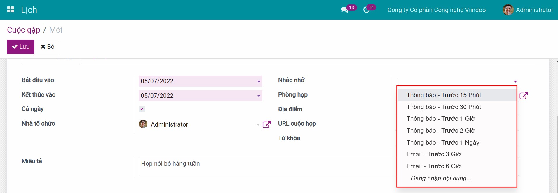 Nhắc nhở cuộc họp bằng thông báo Viindoo hoặc email