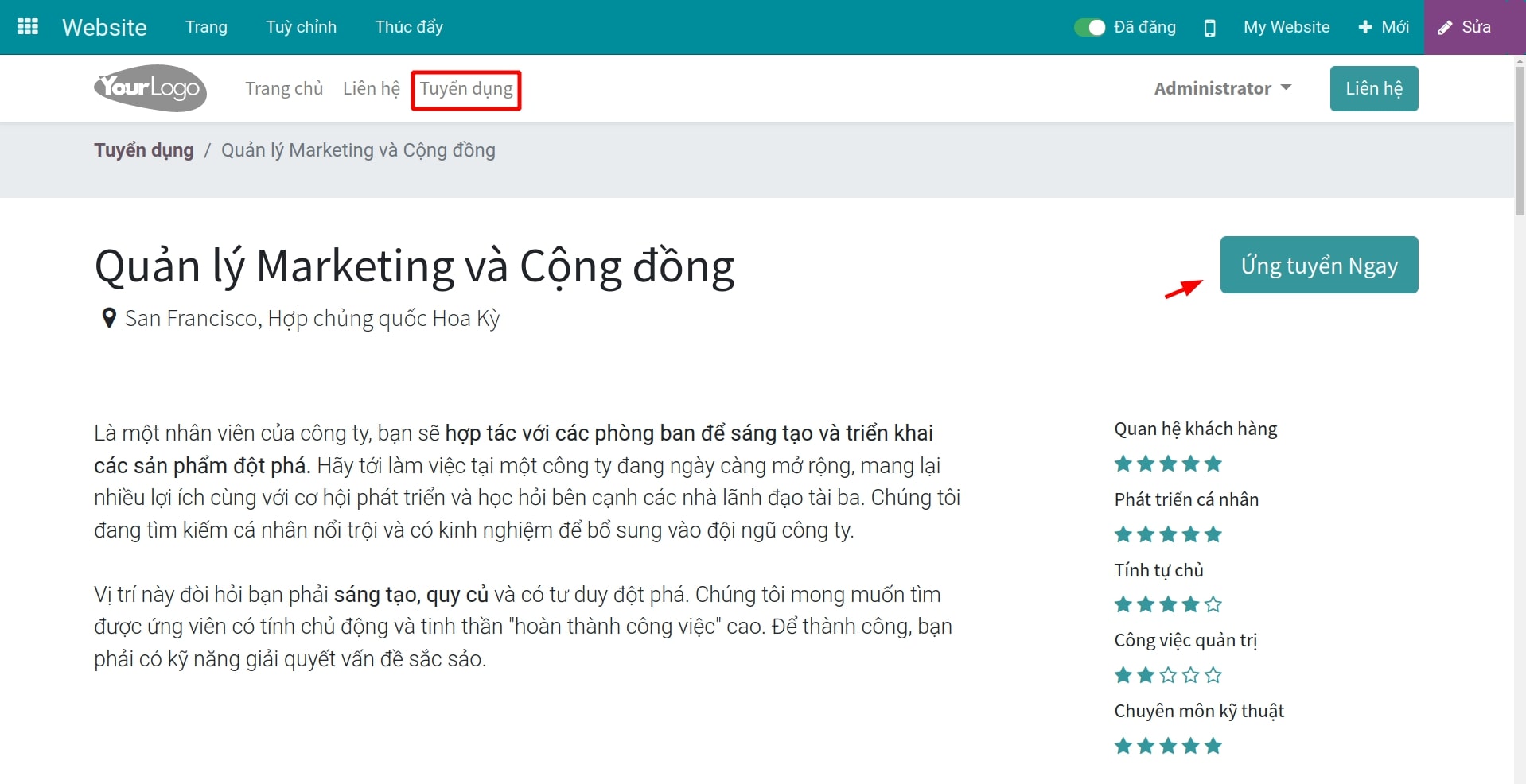 Bấm nút ứng tuyển trên website
