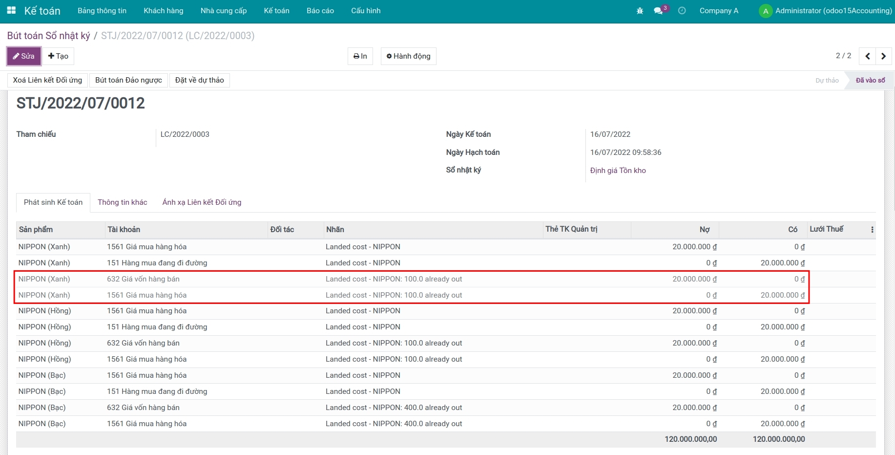 Bút toán kế toán chi phí về kho - Viindoo Accounting