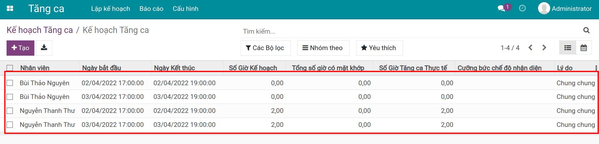 Lập kế hoạch Tăng ca