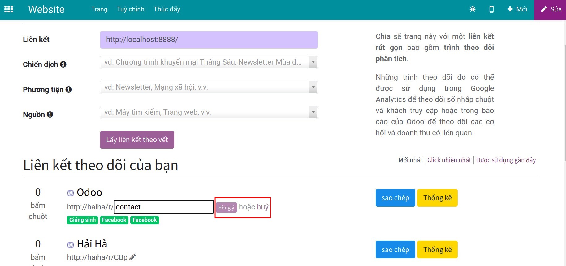 Xác nhận chỉnh sửa theo vết link