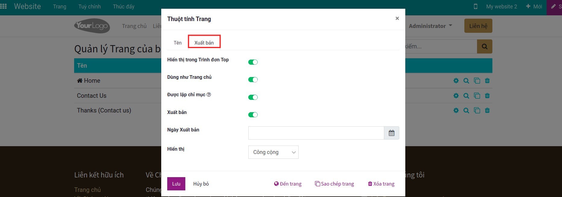 Thiết lập xuất bản trong thuộc tính trang