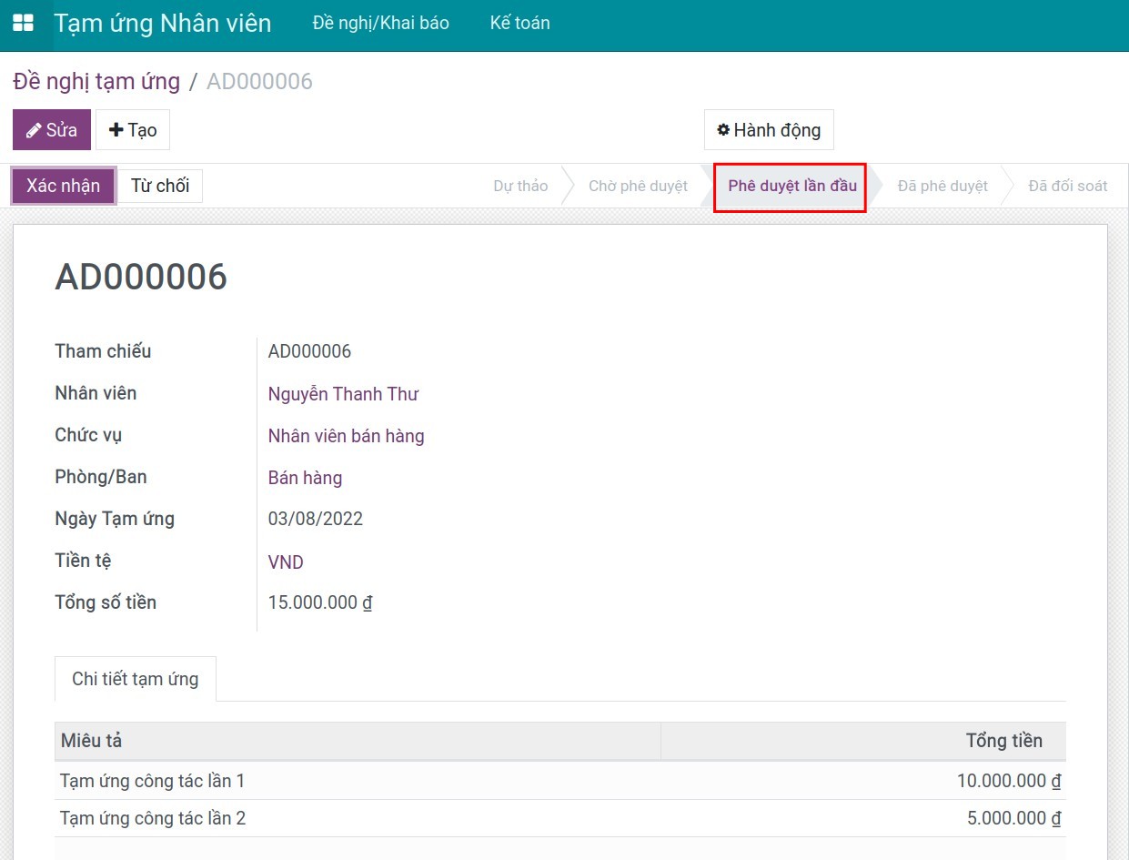 Phiếu đề nghị ở trạng thái Chấp thuận lần đầu.