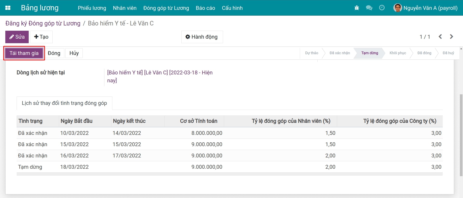 Hiển thị nút Tái tham gia bảo hiểm trên bản ghi đã tạm dừng