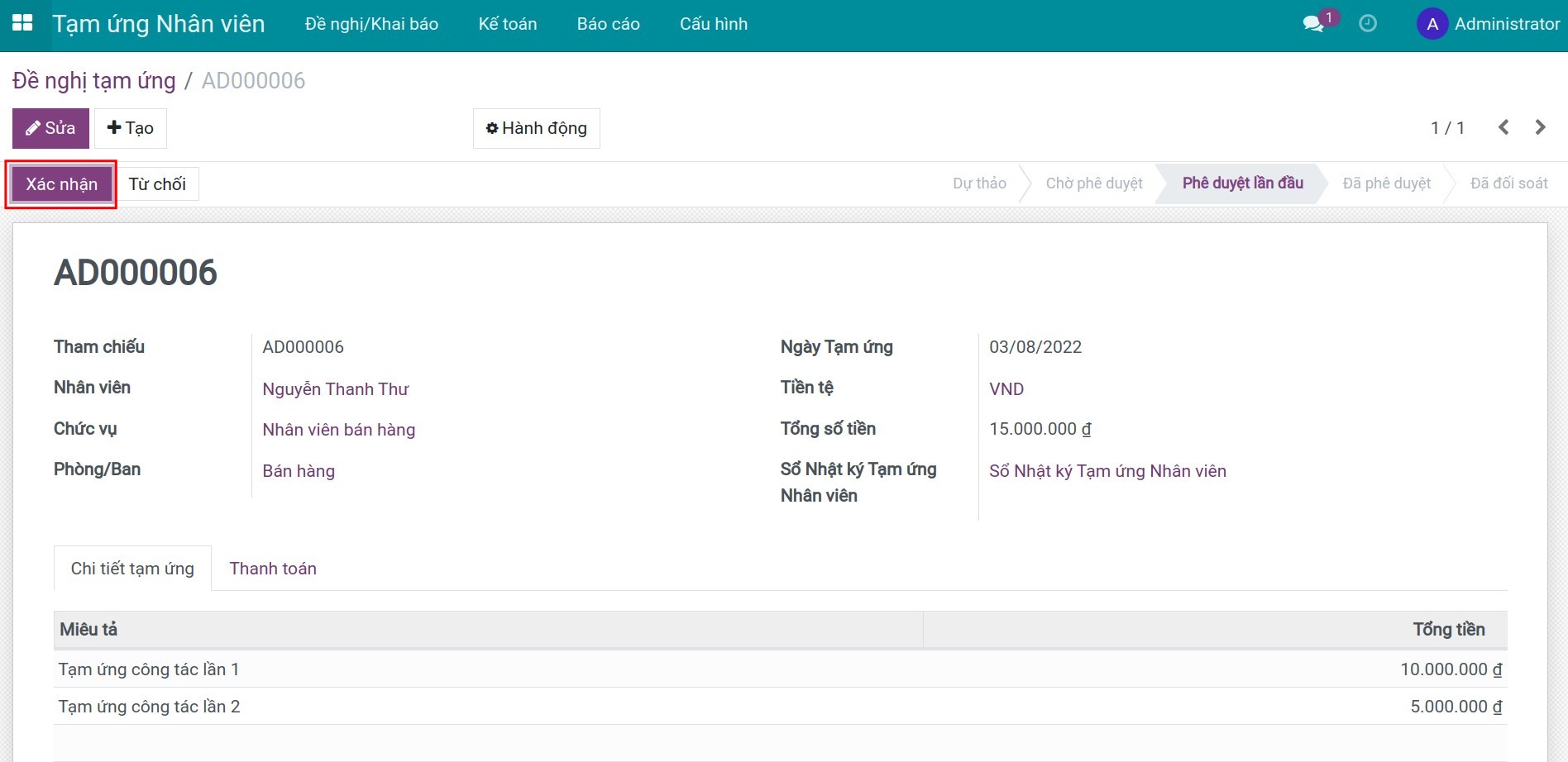 Bấm xác nhận phiếu đề nghị