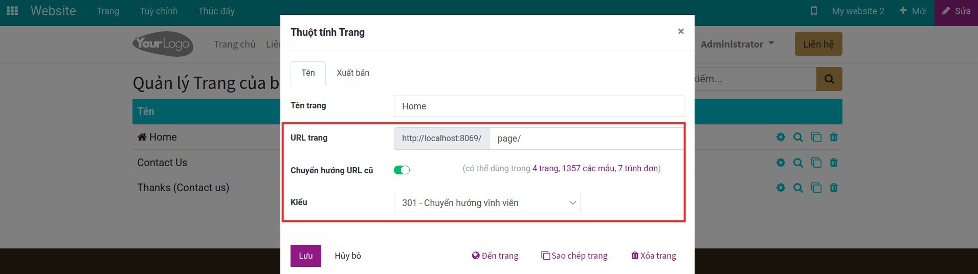 Điền URL trang trên thuộc tính trang