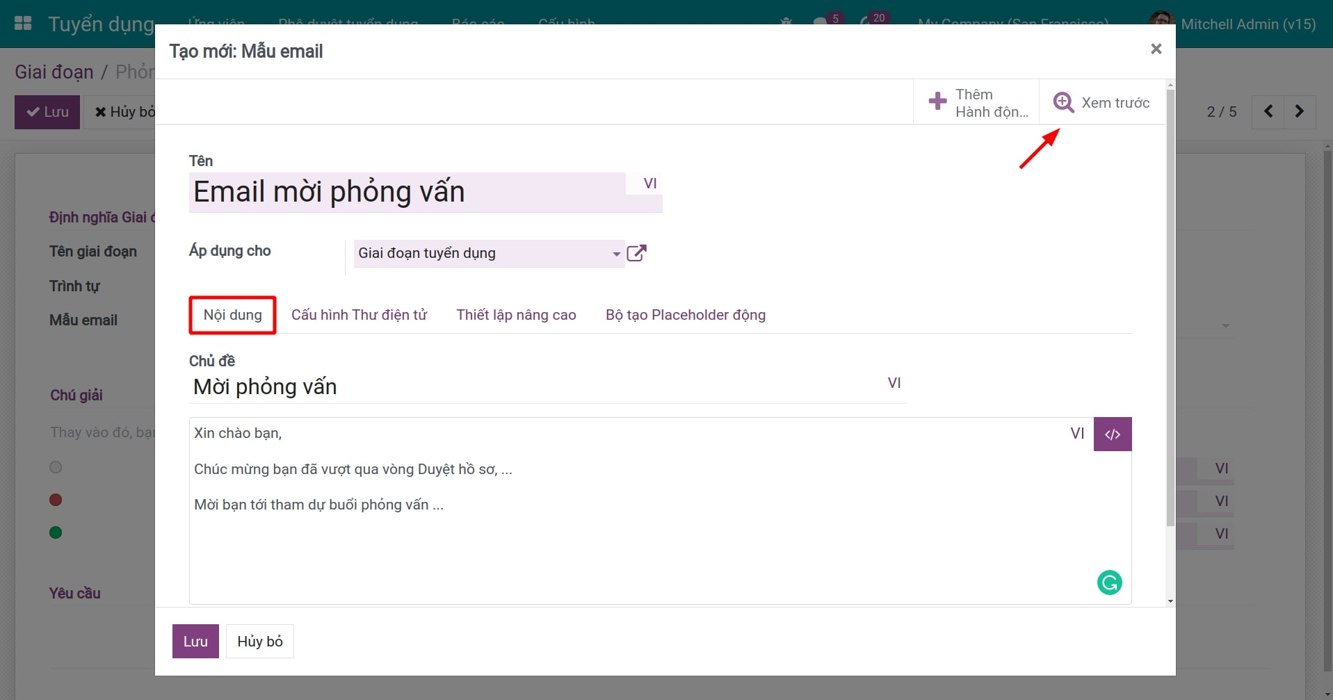 Tạo mẫu email tab nội dung