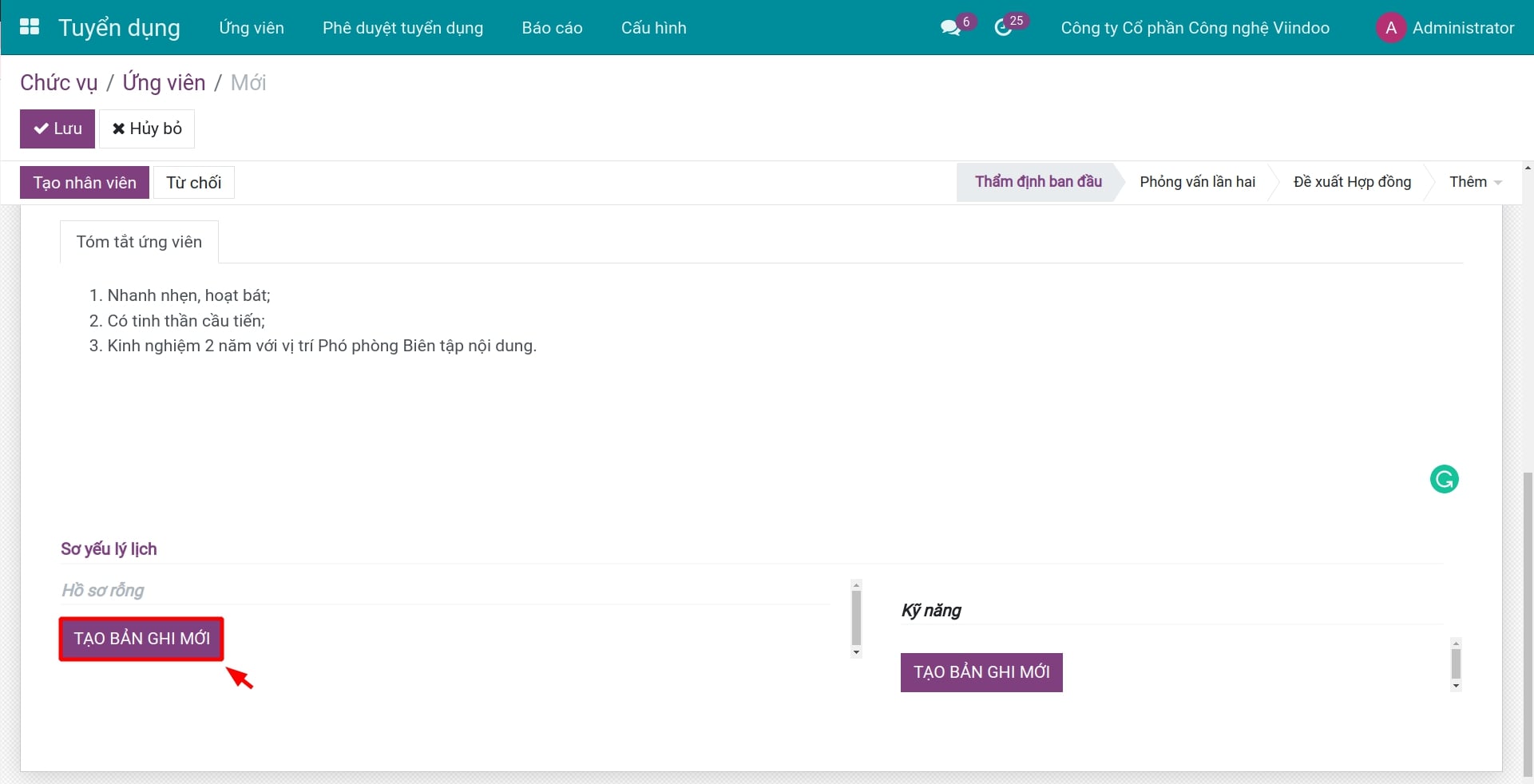 Tạo bản ghi mới cho sơ yếu lý lịch