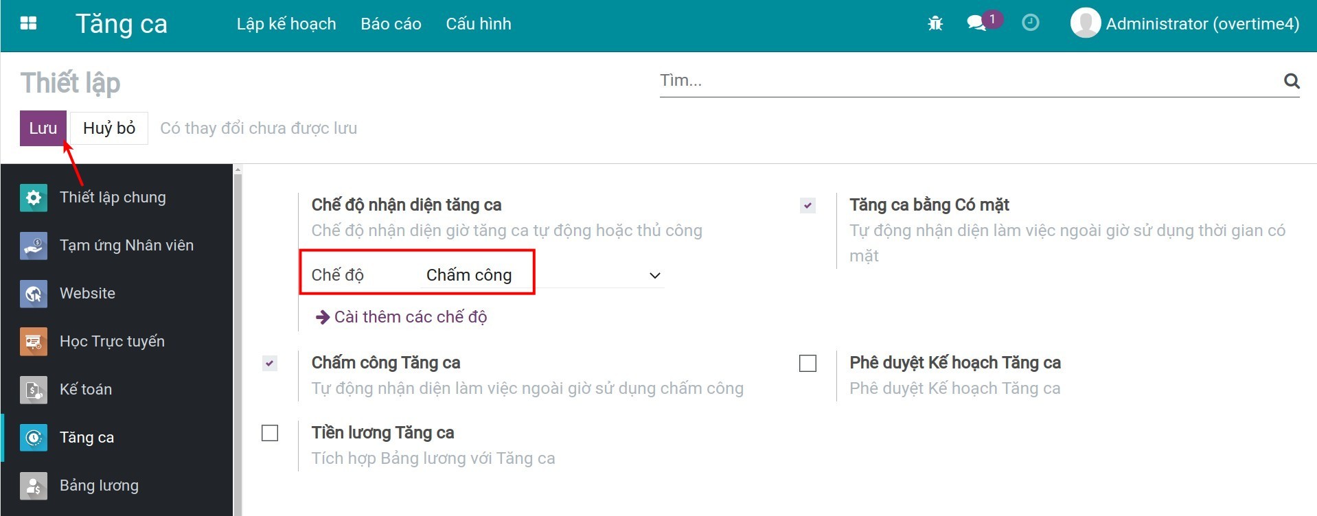 Kích hoạt Chấm công tăng ca