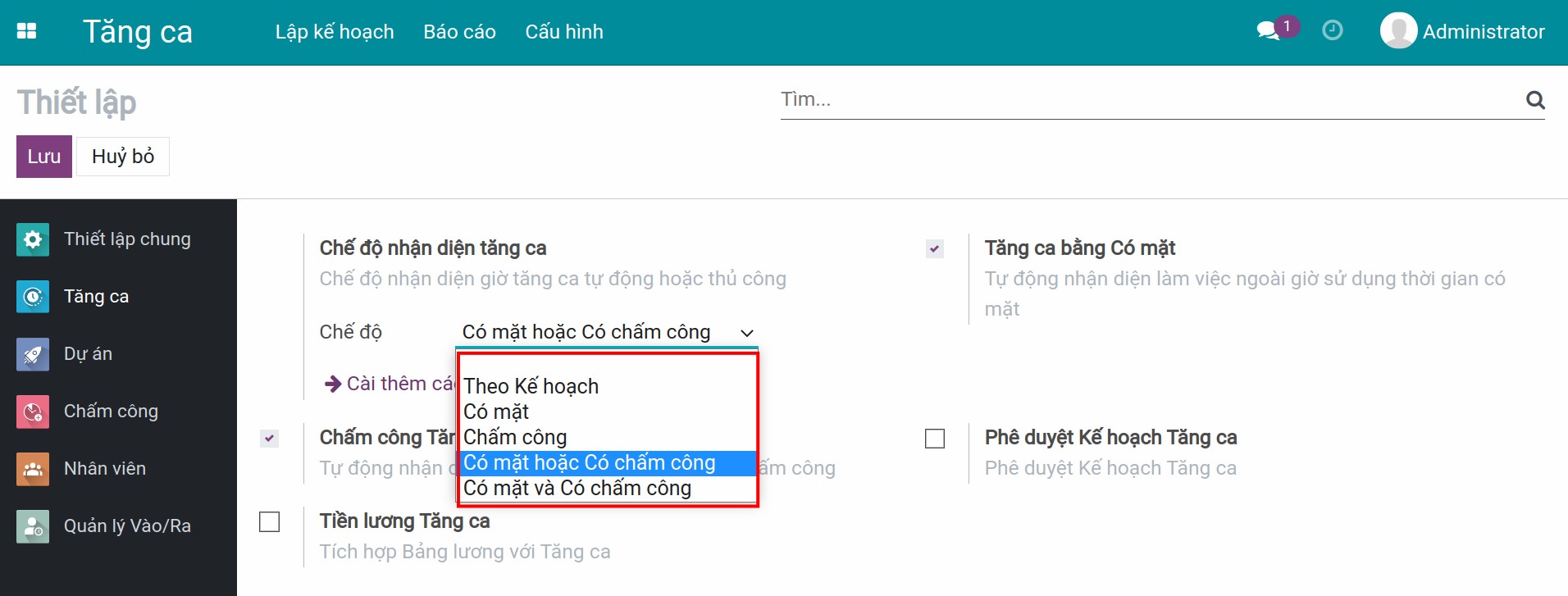 Kích hoạt Chấm công tăng ca và Điểm danh Tăng ca