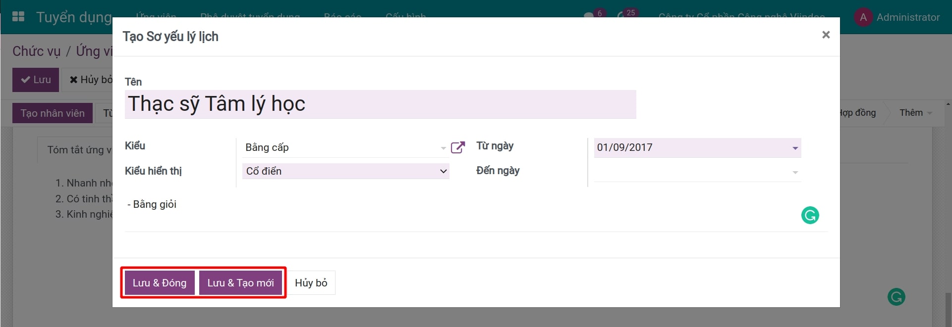 Cửa sổ tạo sơ yếu lý lịch