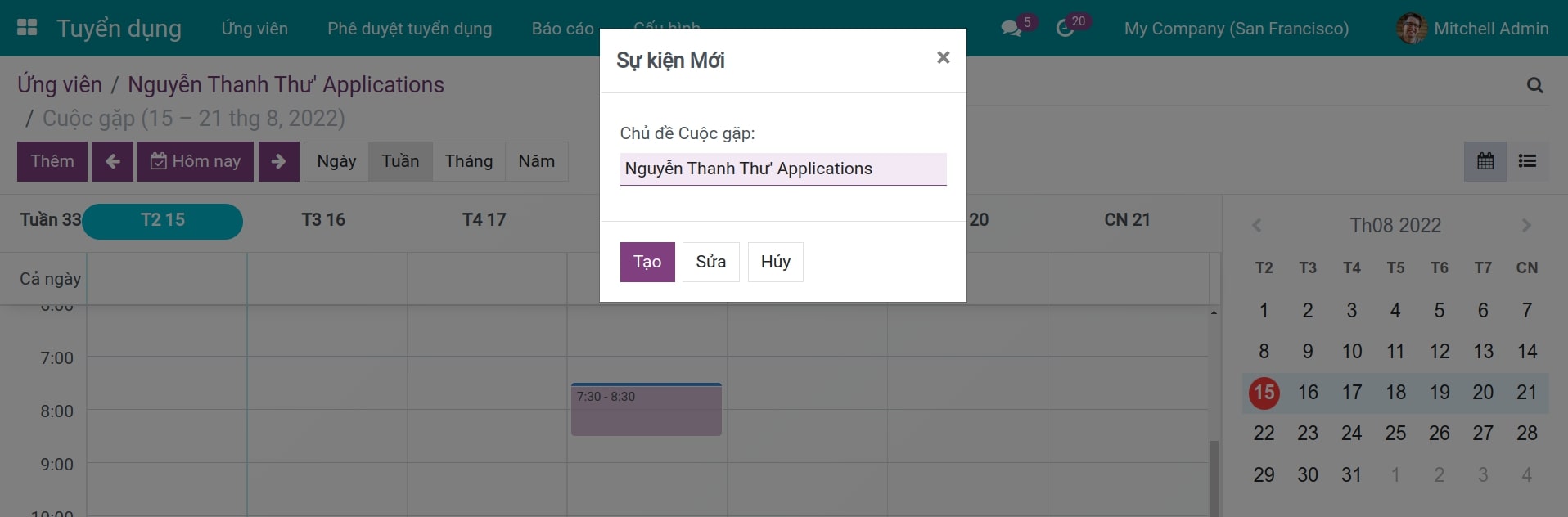 Tạo buổi phỏng vấn với ứng viên