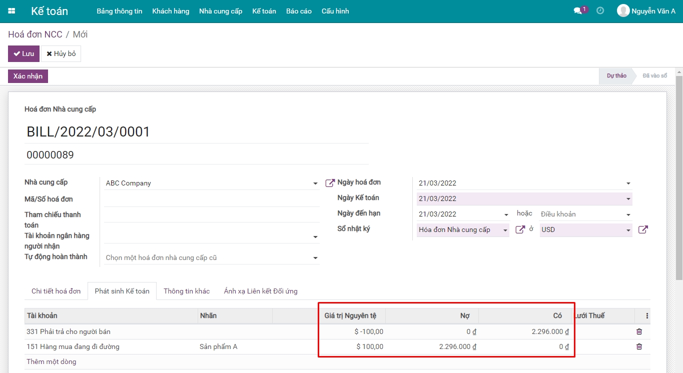 Quy đổi tỷ giá trên hóa đơn nhà cung cấp Viindoo 