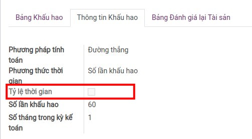 Tab thông tin khấu hao khi không kích hoạt tính năng tỷ lệ thời gian.