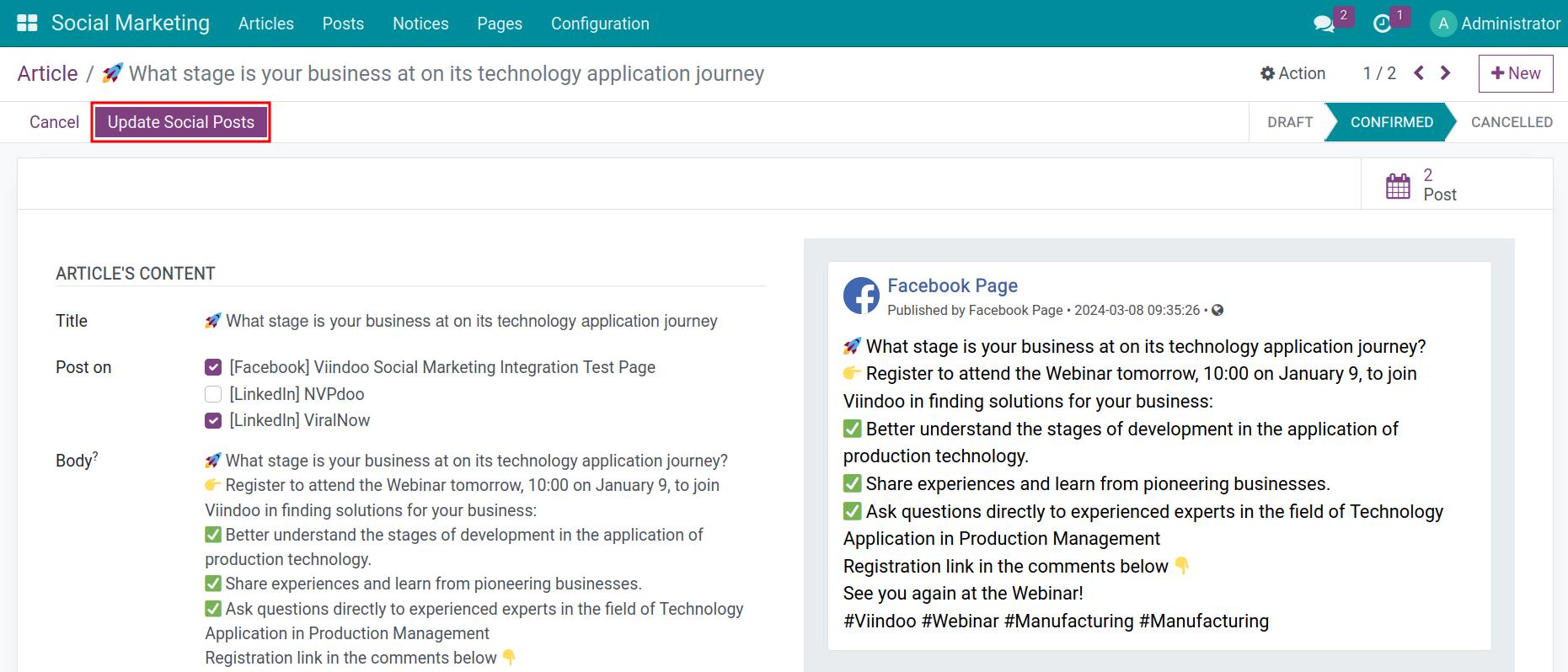 Update social posts Viindoo Social Marketing app