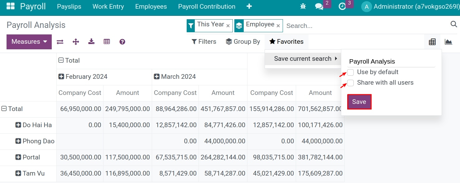 Favourite filters - Viindoo Payroll app
