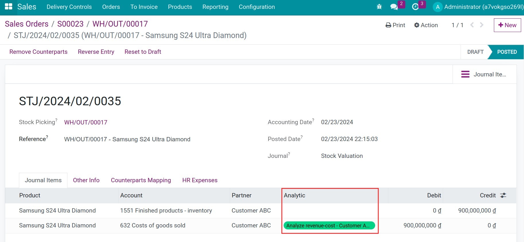 Analytic account for cost of goods sold - Viindoo Accounting app