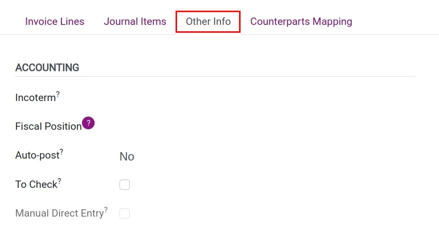 Other Info tab on Vendor bill - Viindoo accounting software