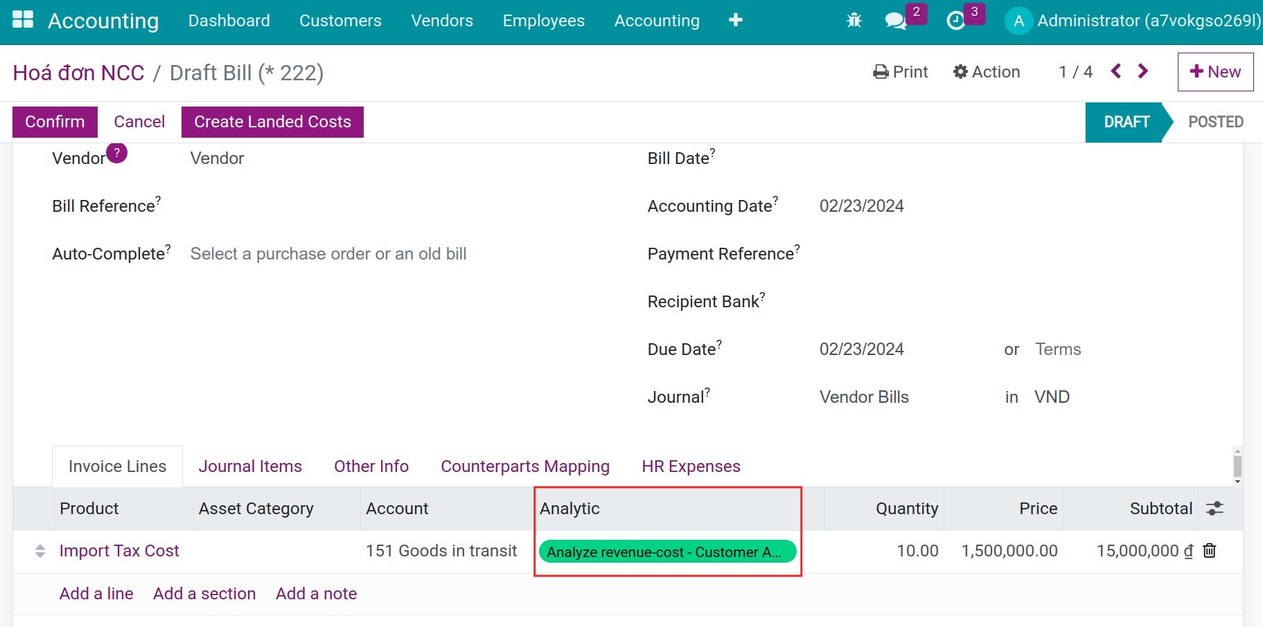 Tracking costs on a bill - Viindoo Accounting software