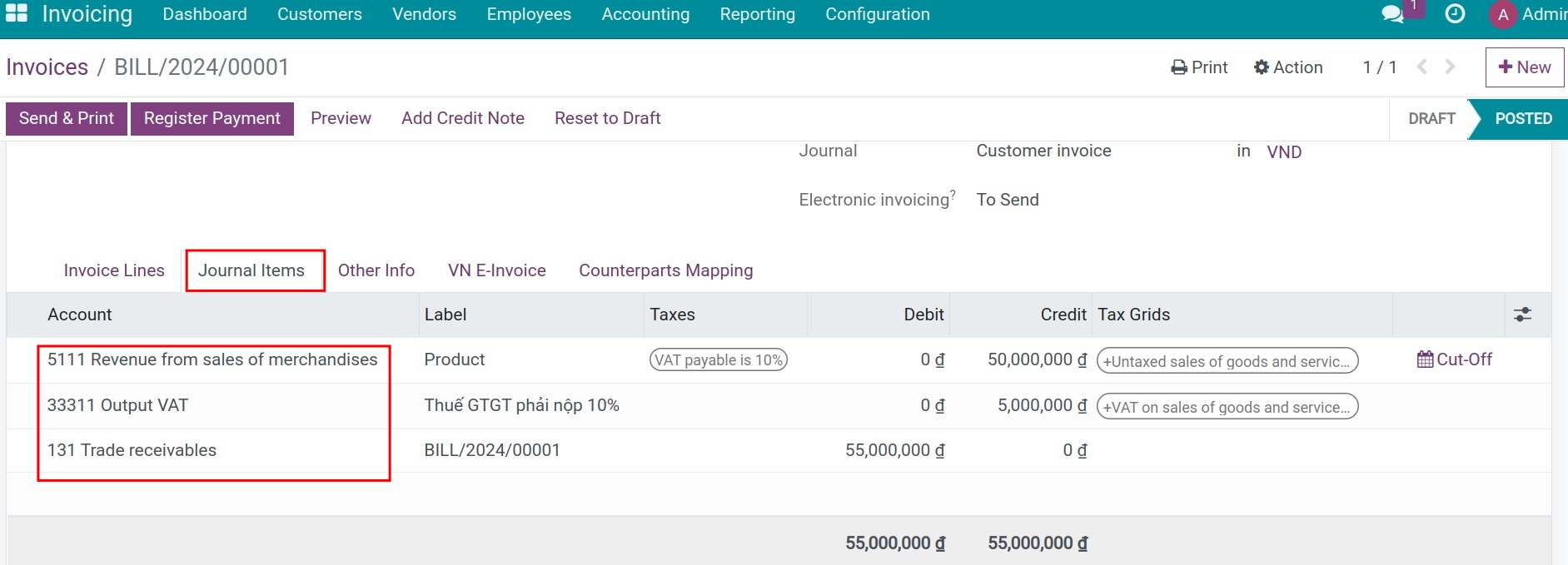 Journal items in Viindoo accounting app