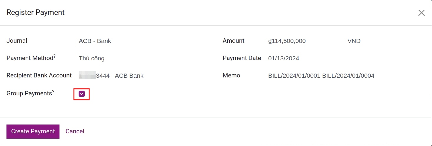 Activate the Group payments feature in the Viindoo Accounting app