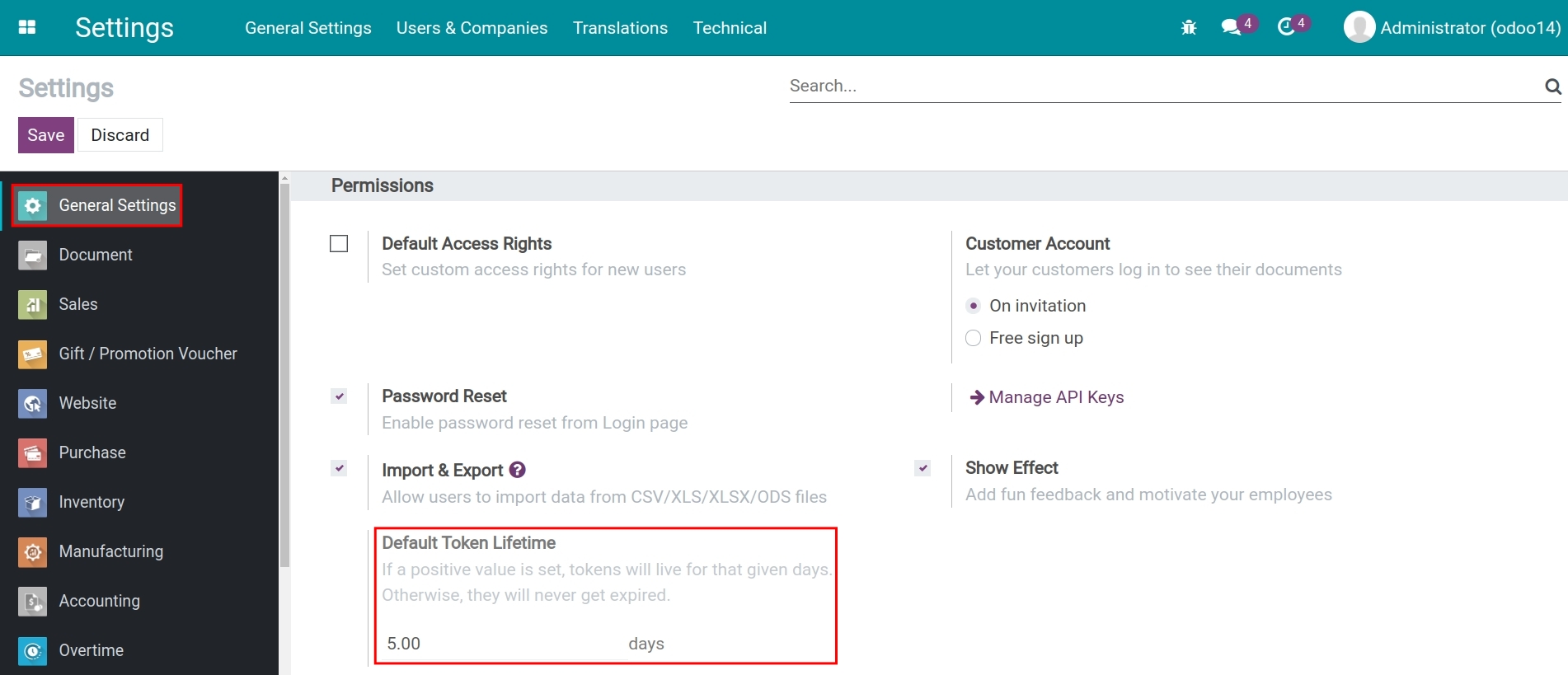 Set up default token lifetime in Viindoo