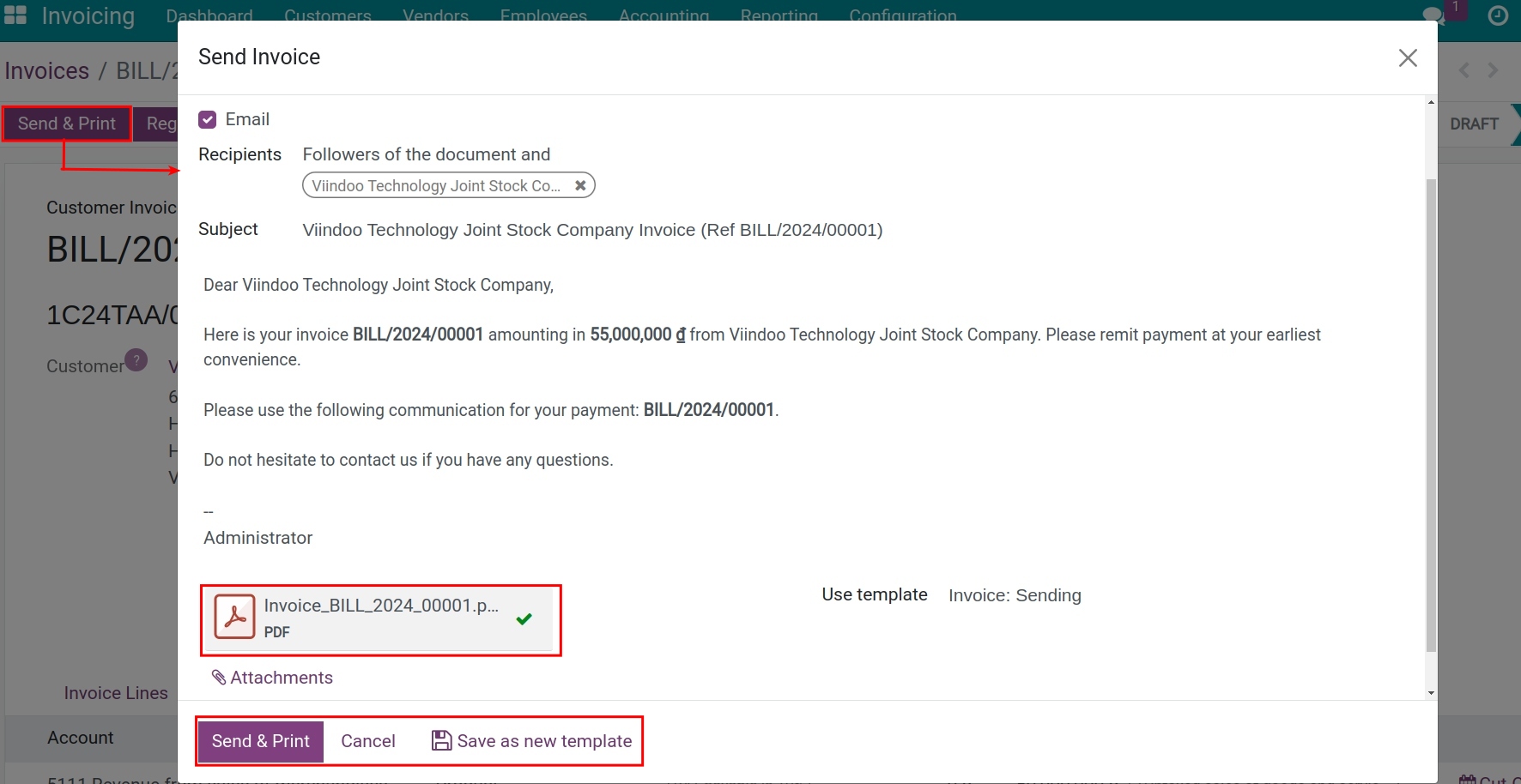 Send an invoice via email - Viindoo accounting app