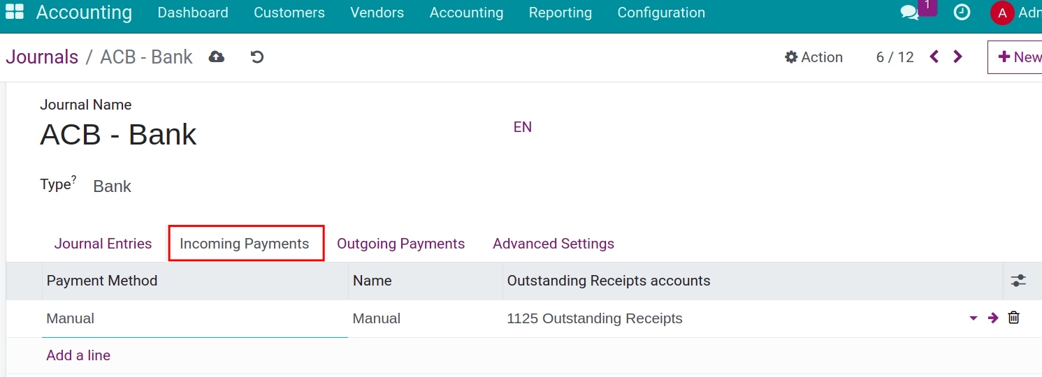 Incoming Payments configuration in Bank account journal - Viindoo Accounting software