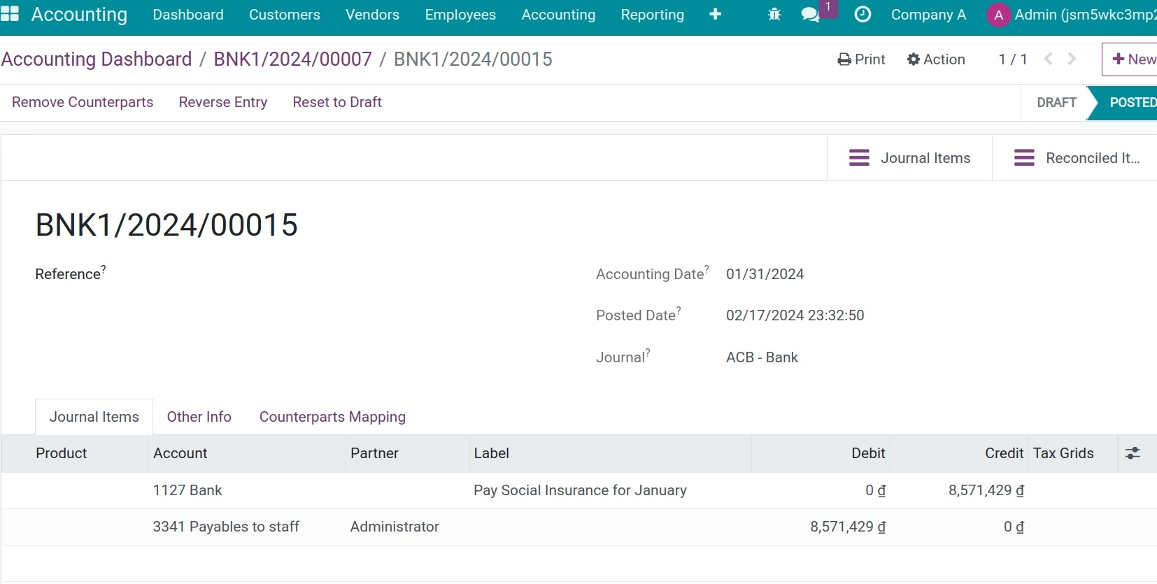 Salary payment entry - Viindoo accounting