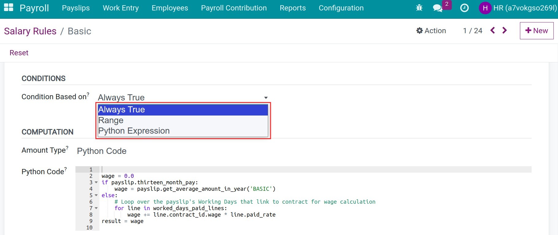 Calculation conditions for salary rule Payroll Viindoo