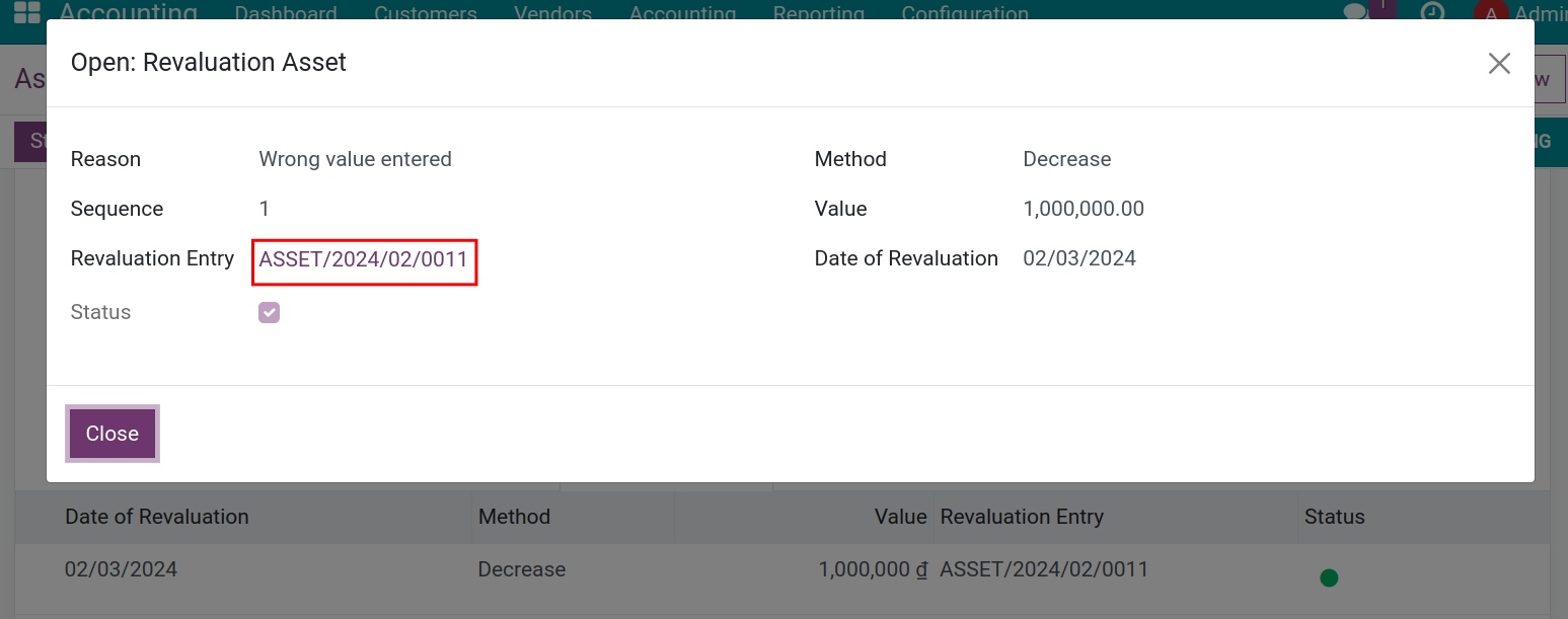 Pop-up window with details information and asset revaluation reason in Viindoo accounting software