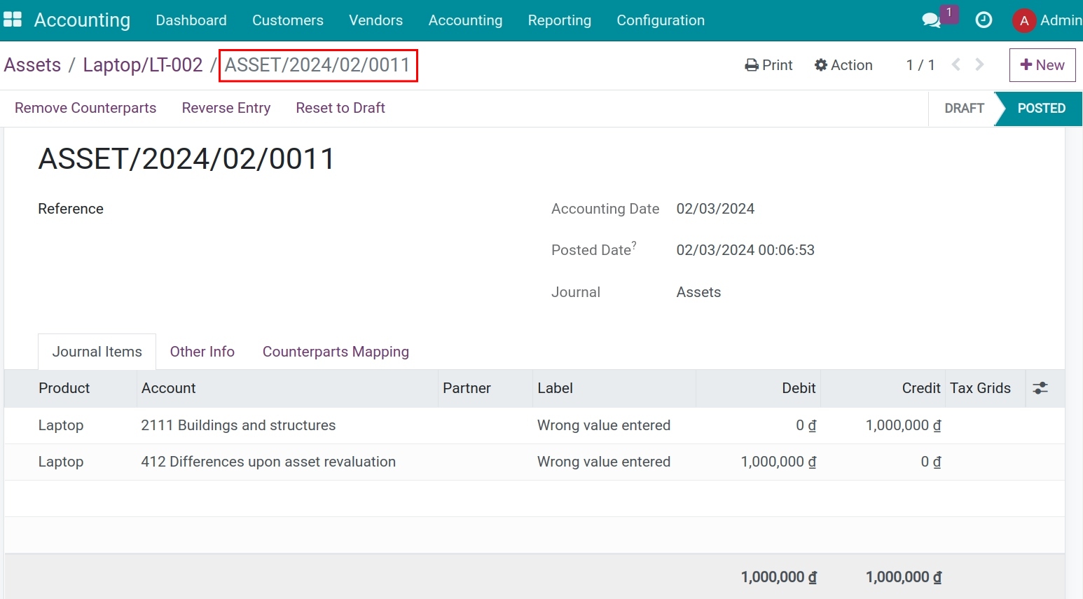 Journal entry for asset revaluation in Viindoo accounting app