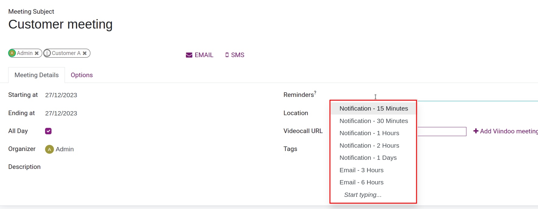 Reminding the meeting by Viindoo notification or email