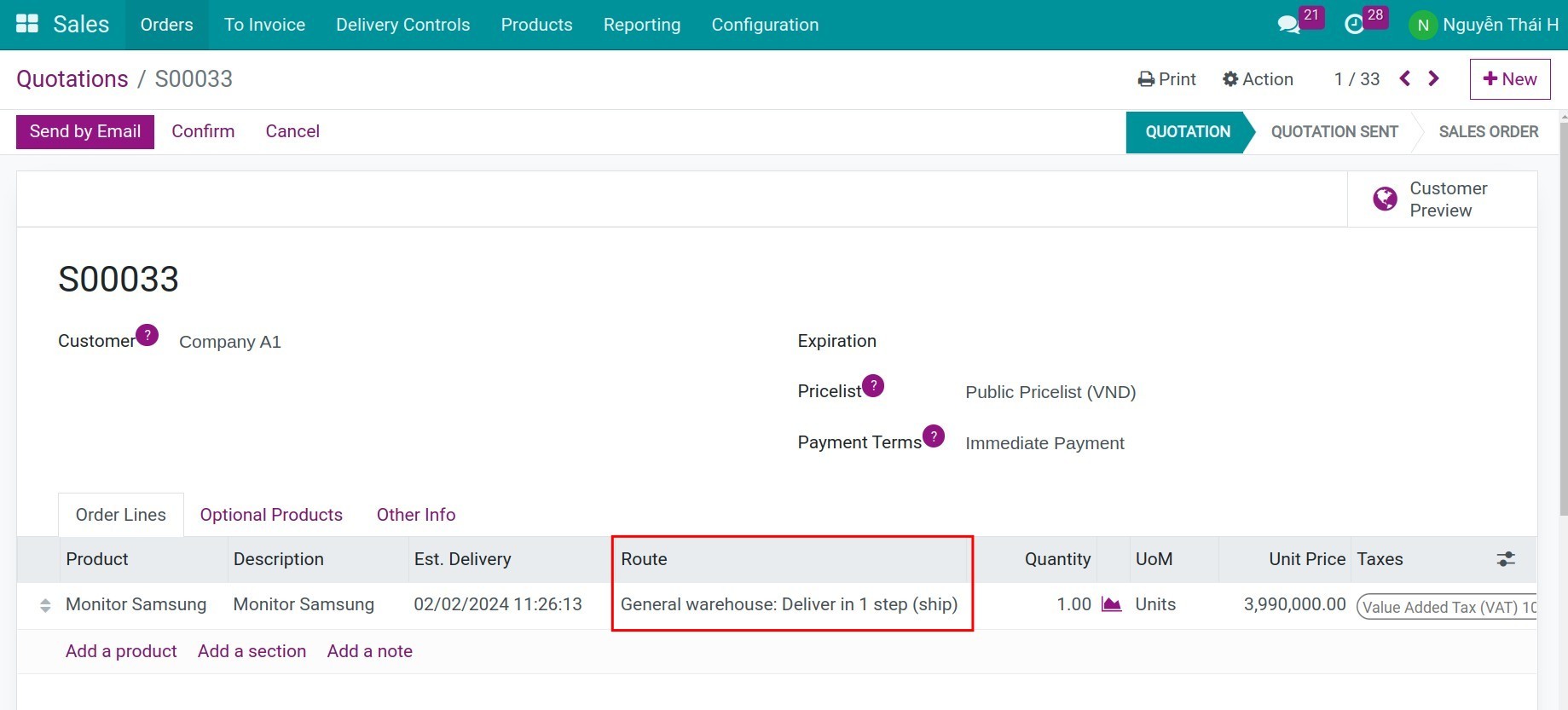 Route configuration on quotation Inventory Viindoo