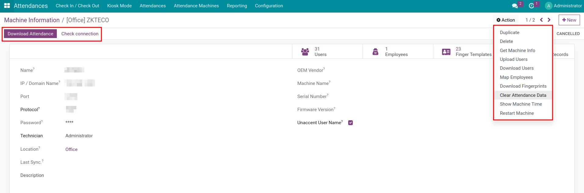 Buttons on the devices informations view