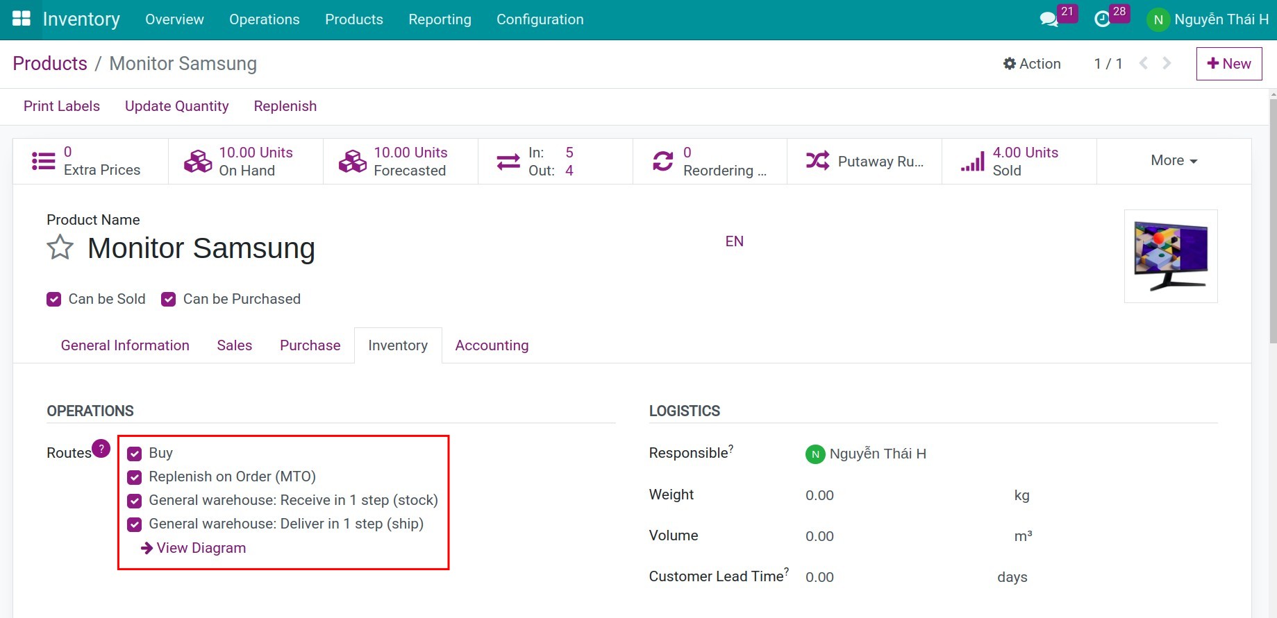 Configure replenishment route on Product Inventory Viindoo