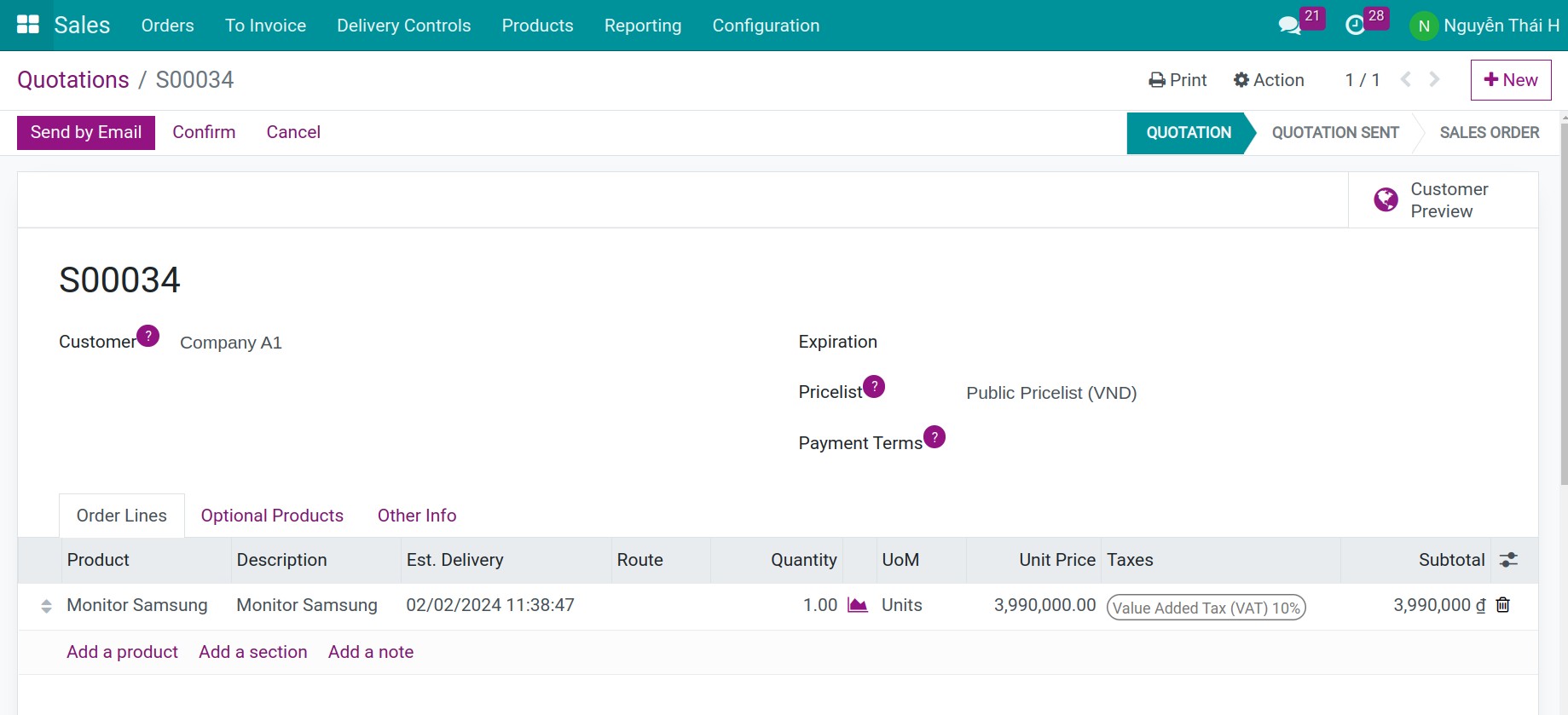 Create sales order Inventory Viindoo