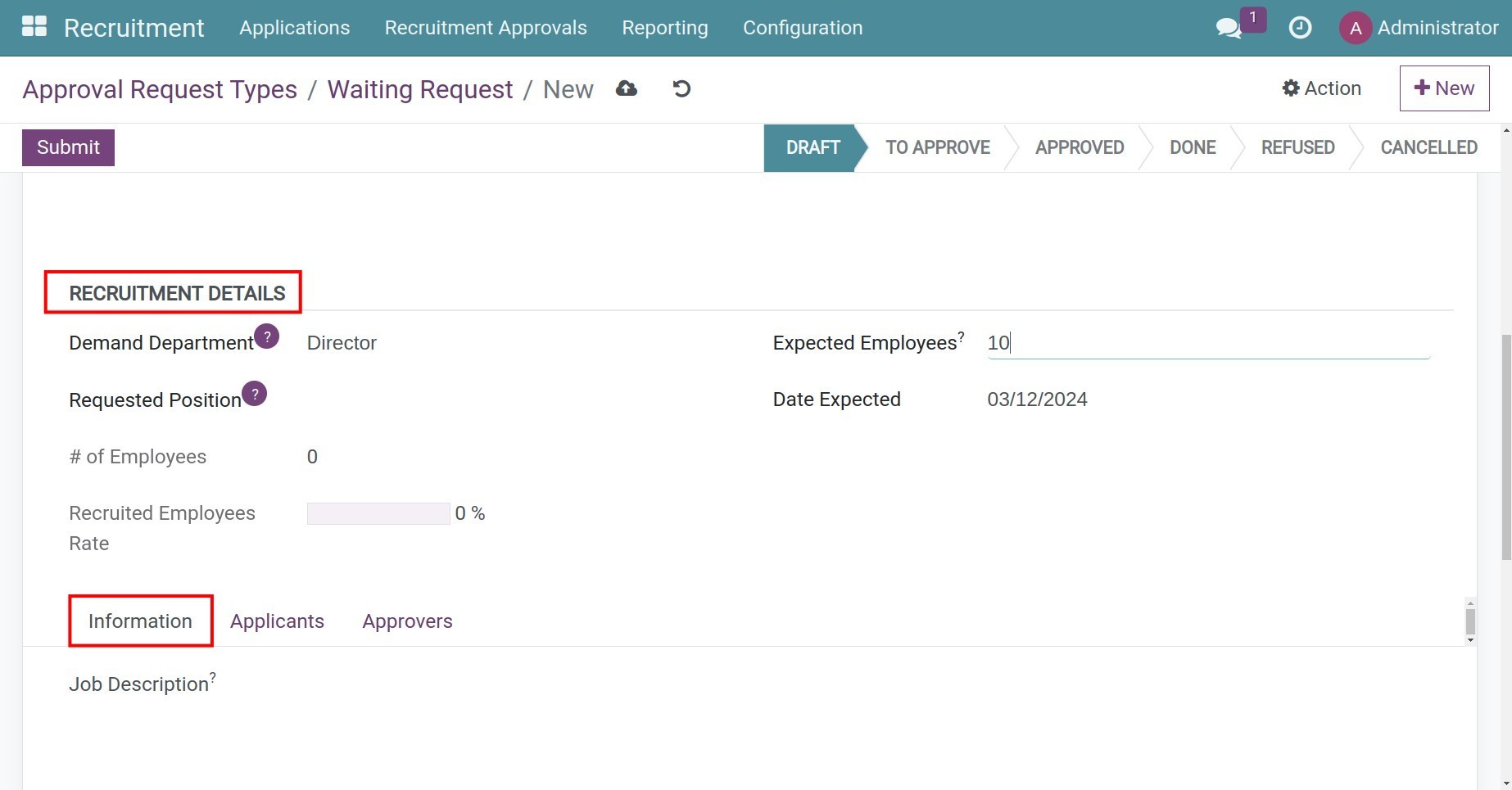 Recruitment request in Viindoo
